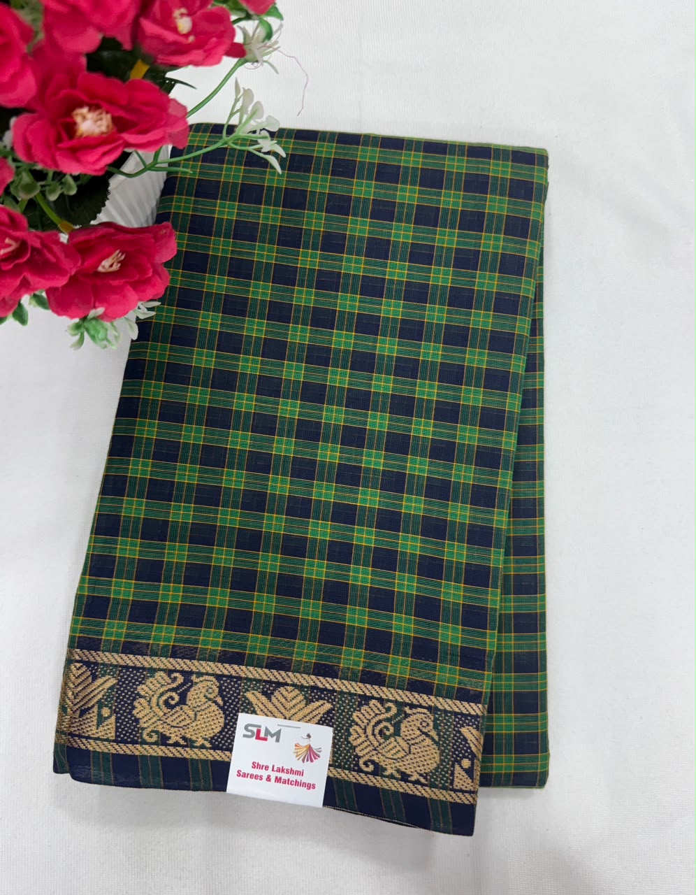 Chettinad cotton saree navy green fine check gold peacock border