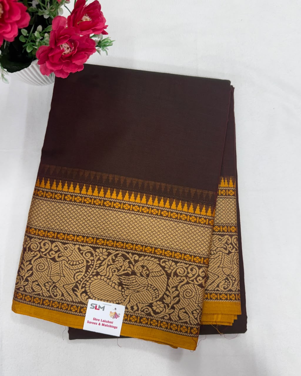 Chettinad cotton saree deep maroon plain gold peacock floral border