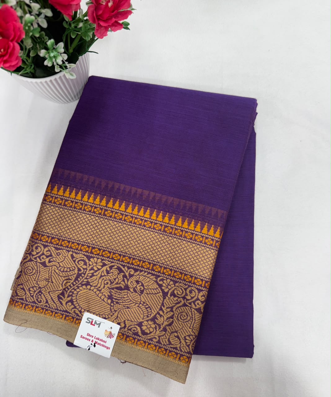 Chettinad cotton saree bottle green plain gold elephant floral border