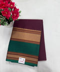 Chettinad cotton saree wine maroon plain bottle green gold circular border