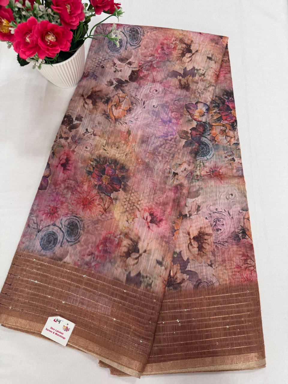 Slate blue floral buta print saree with sequin diamond border close-up