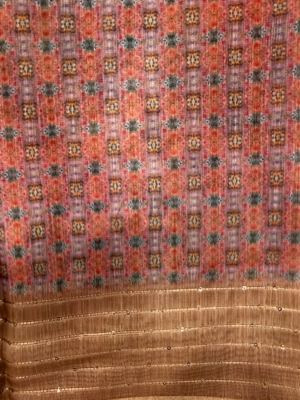 Purple floral ikat print saree close-up with sequin border