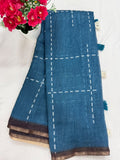 Teal blue tulip embroidery saree close-up