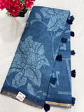 Steel blue large floral batik print saree full view with navy tassels