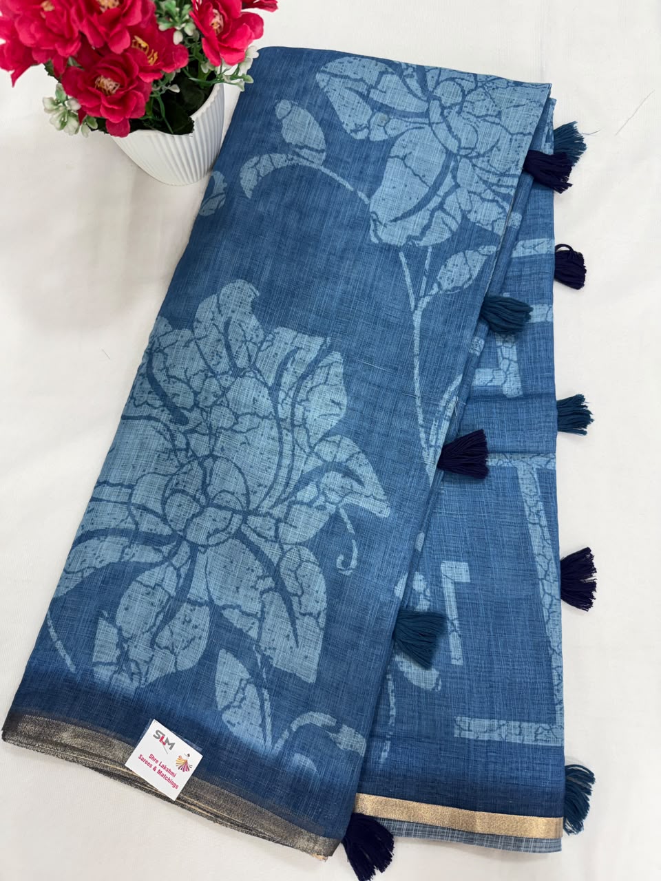 Steel blue large floral batik print saree full view with navy tassels