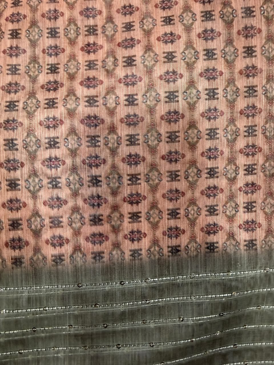 Rose pink ikat geometric print saree with copper zari border full view