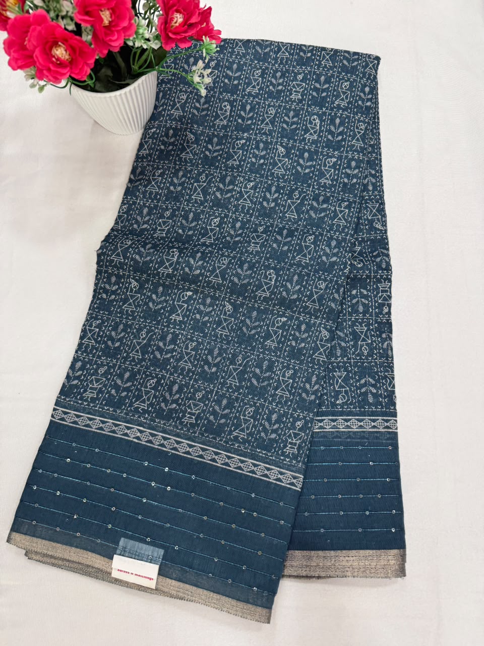 Teal blue dark floral leaf digital print saree full view