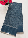 Teal blue dark floral leaf digital print saree full view