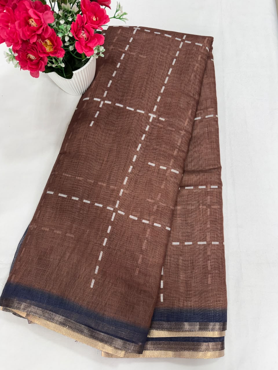 Purple large floral batik print saree full view with gold zari border