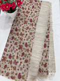 Brown kantha cross stitch grid saree full view with navy zari border