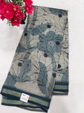 Grey blue rose floral print saree close-up fabric