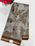 Grey blue peacock and bird print saree close-up buta motif