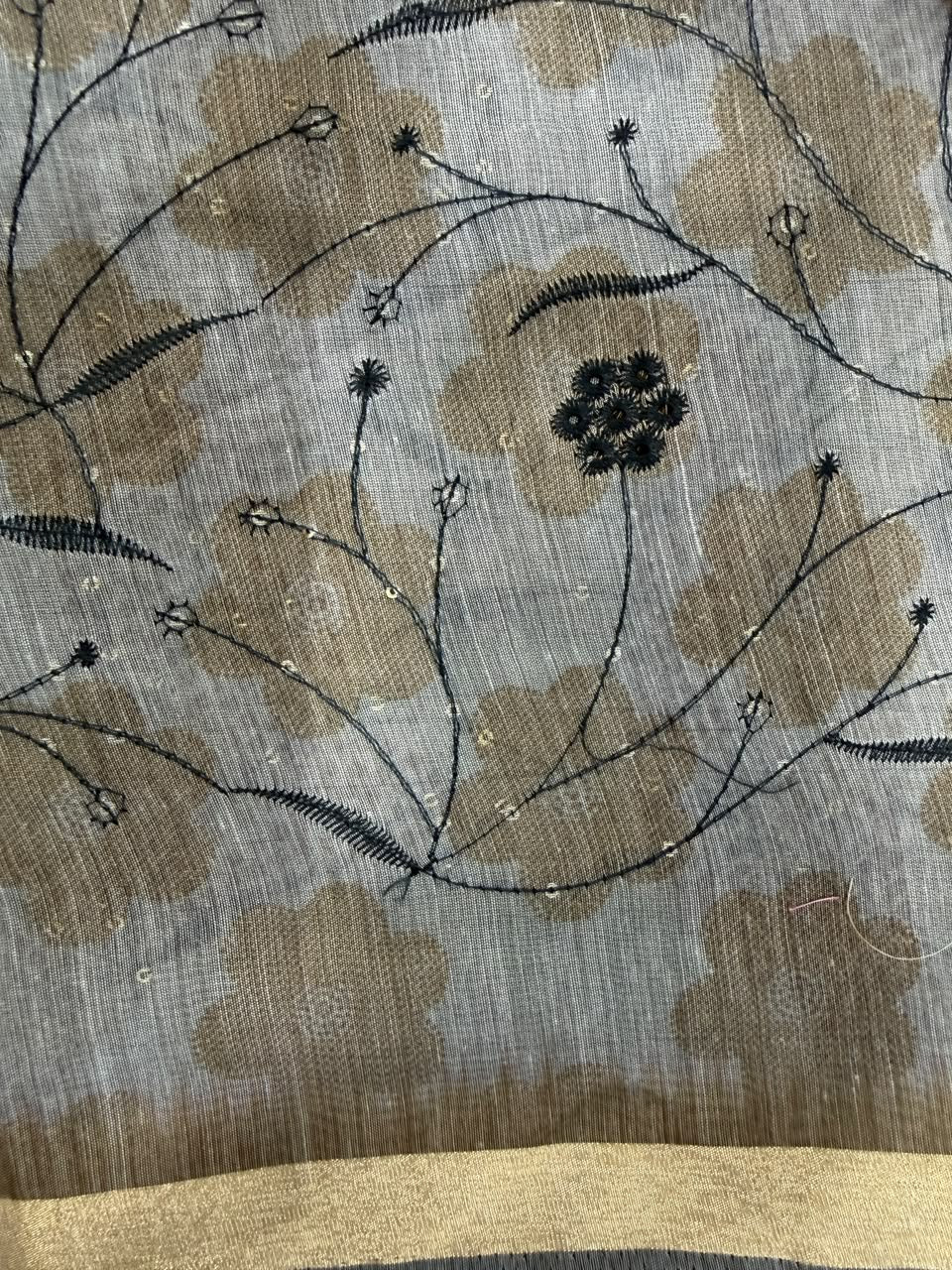 Grey blue peacock bird print saree full view with gold zari border and lilac tassels