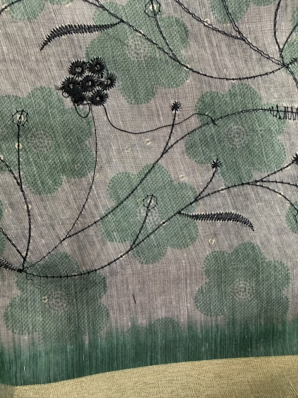 Grey green embroidery saree second close-up view with gold zari border
