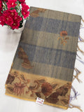 Grey dark green bandhani leaf print with black embroidery saree close-up