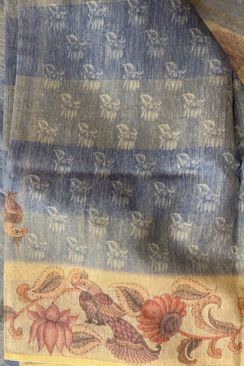 Grey dark green bandhani embroidery saree full view with green zari border