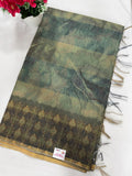 Green marble print saree full view with dark zari border