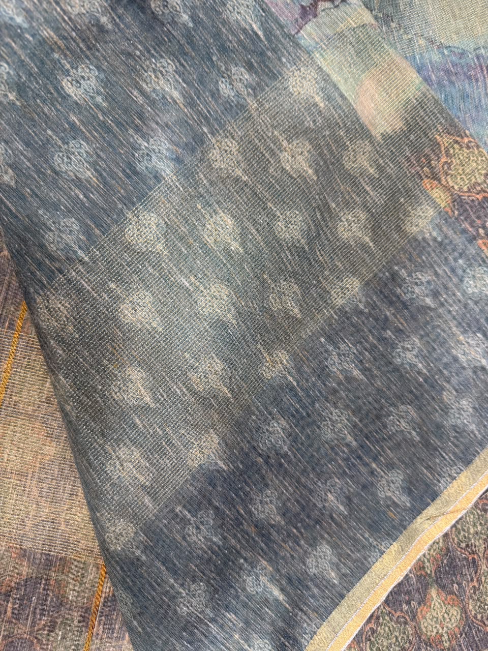 Dark blue grey buta motif saree close-up fabric