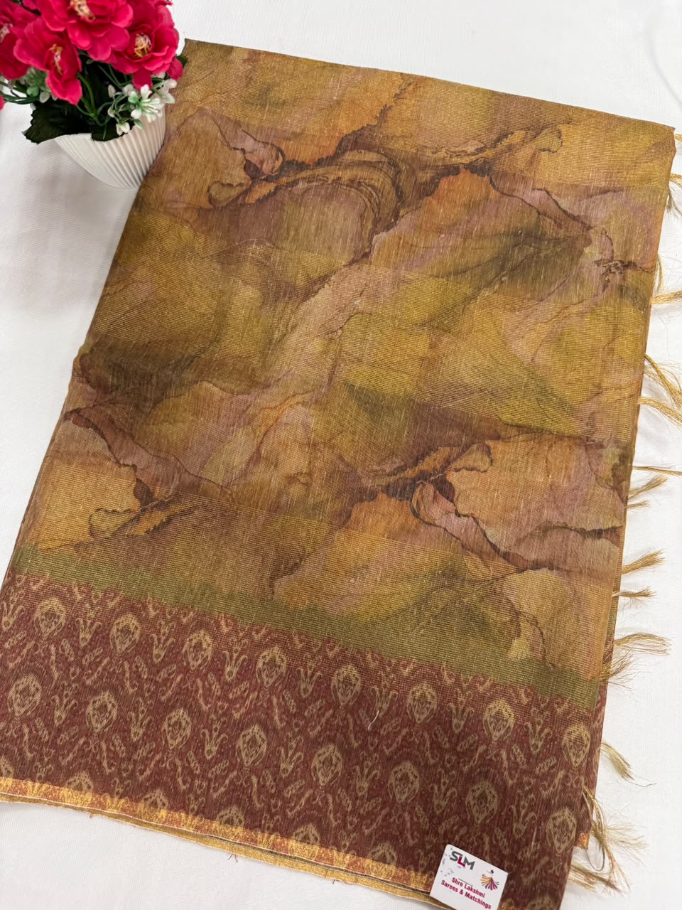 Purple marble print saree full view with gold zari border and tassels